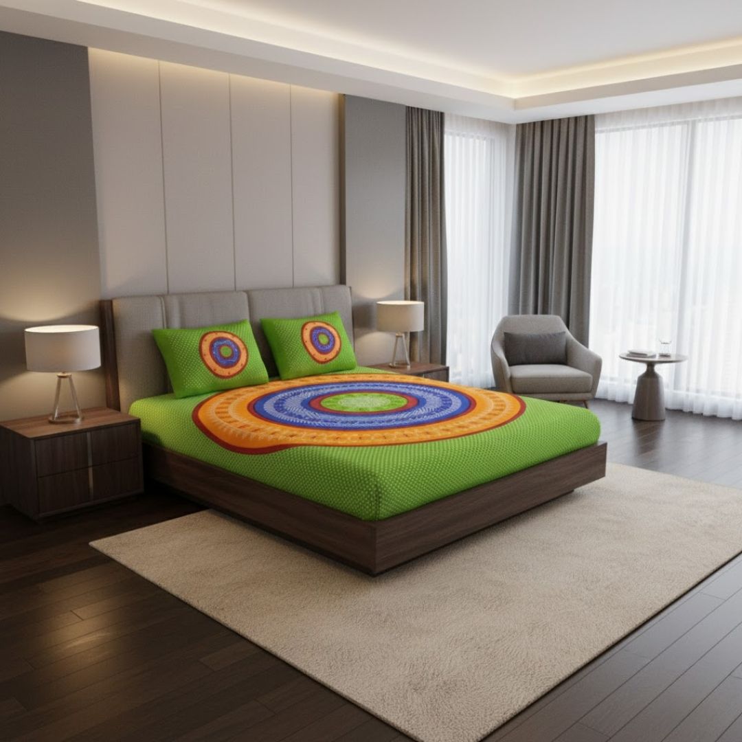 Double Bedsheet Green Base With Round Shape Bandhej Print